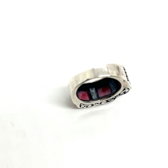 VINTAGE STERLING SILVER 925 RED CORAL STONE HS RING SCROLL SCALLOPED EDGE BOHO 7 - Picture 10 of 15